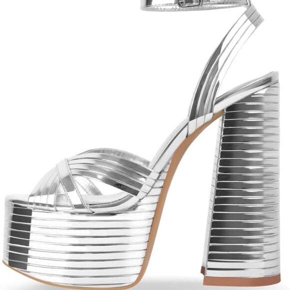 Women Platform Heels Silver Faux Leather Chunky High Heel Sandals - Picture 1 of 6
